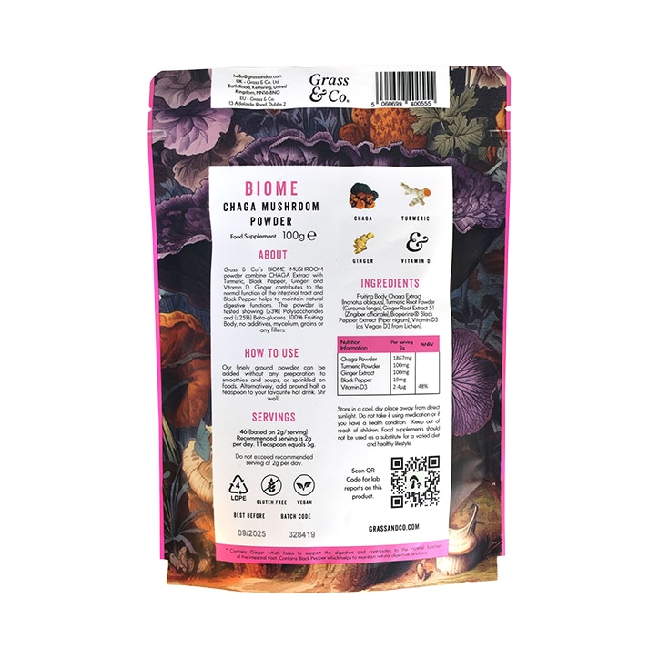 Grass & Co. BIOME Chaga Mushrooms Powder with Turmeric + Ginger 100g image 2